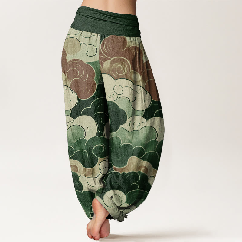 Pure Cotton Casual Auspicious Clouds Pattern Women's Elastic Waist Harem Pants