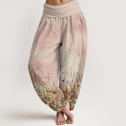 Pure Cotton Casual Colorful Wildflower Field Pattern Women's Elastic Waist Harem Pants