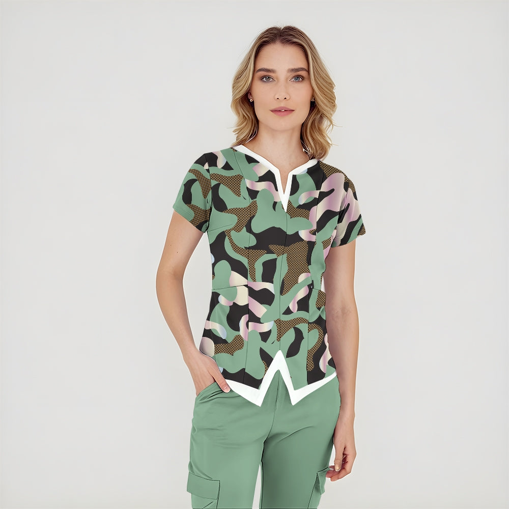 Women's Woodland Camouflage Printed Scrub Set SA09