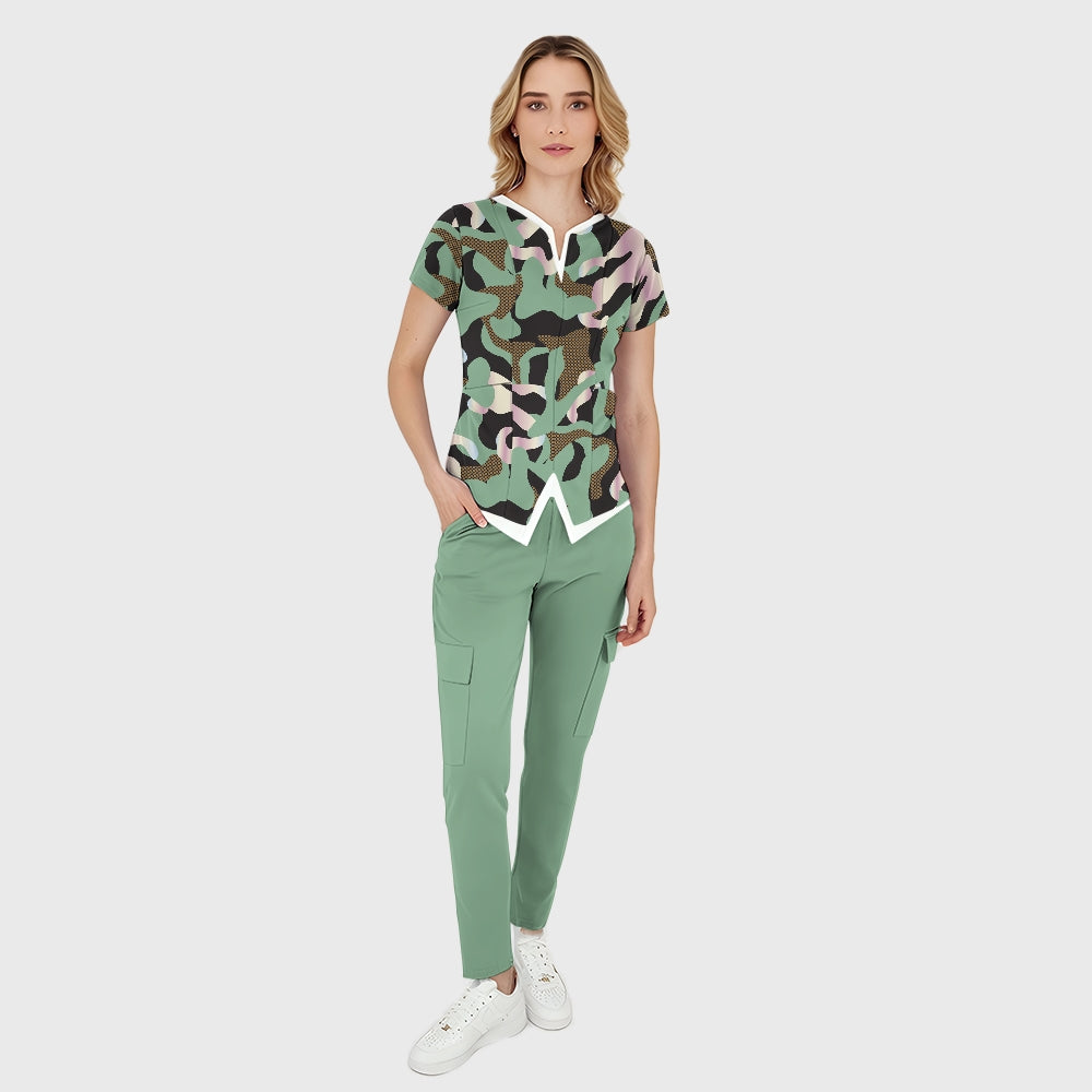 Women's Woodland Camouflage Printed Scrub Set SA09