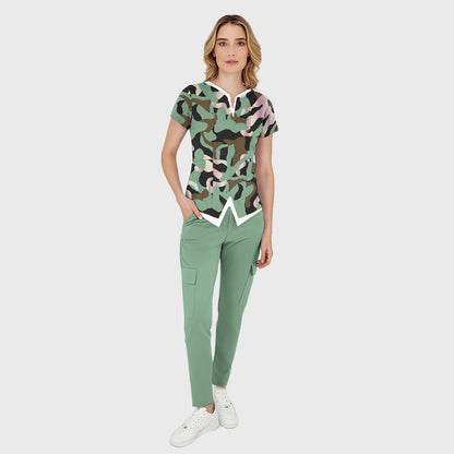 Women's Woodland Camouflage Printed Scrub Set SA09