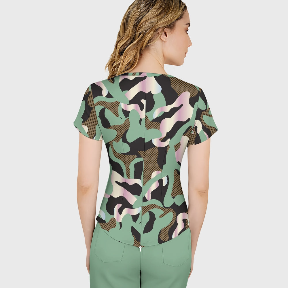 Women's Woodland Camouflage Printed Scrub Set SA09