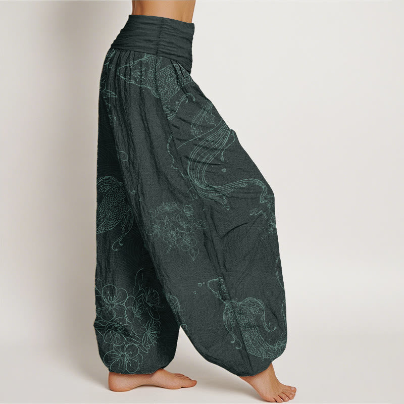 Pure Cotton Koi Fish Floral Pattern Women's Elastic Waist Harem Pants