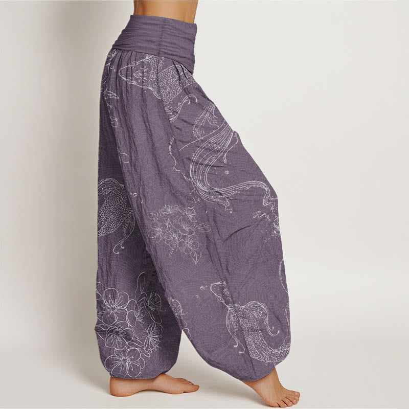 Pure Cotton Koi Fish Floral Pattern Women's Elastic Waist Harem Pants