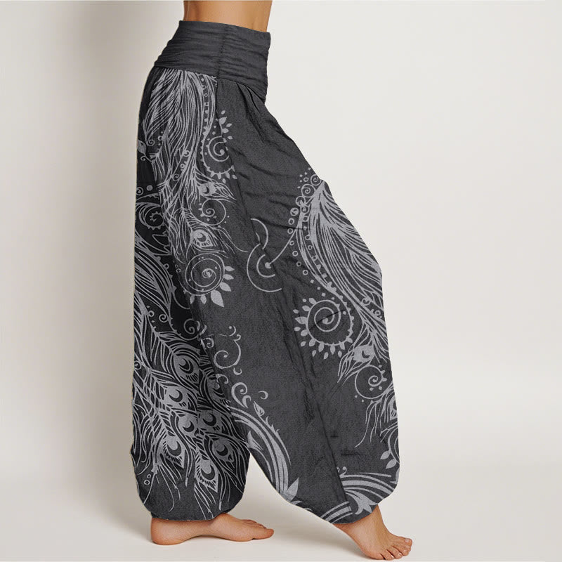 Pure Cotton Casual Peacock Design Women's Elastic Waist Harem Pants