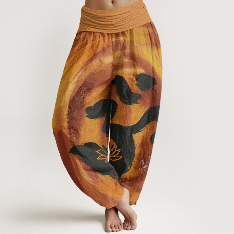 Cotton OM Symbol Lotus Flower Pattern Women's Elastic Waist Harem Pants