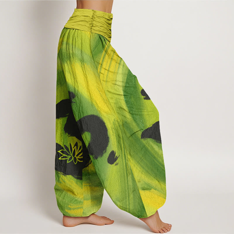 Cotton OM Symbol Lotus Flower Pattern Women's Elastic Waist Harem Pants