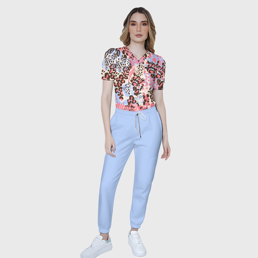 Women's Pink Watercolor Leopard Printed Scrub Set SL05