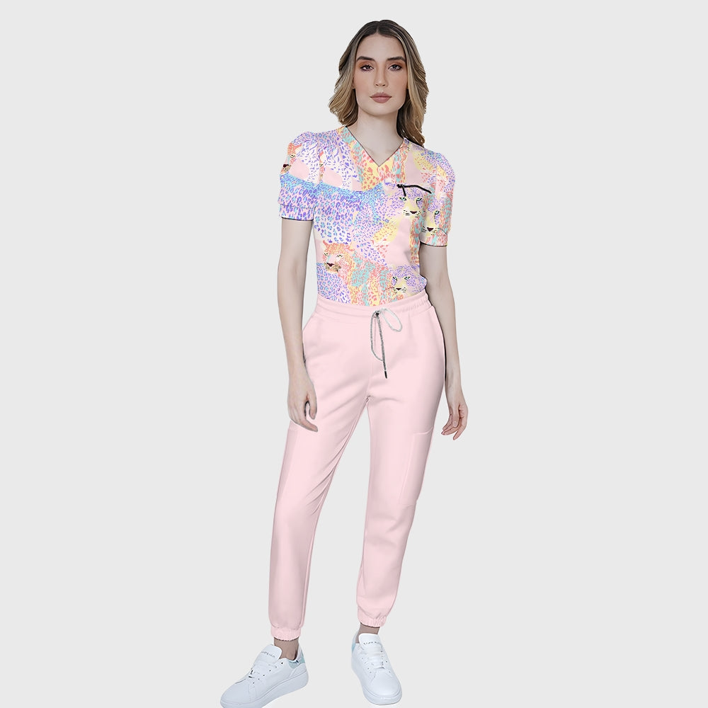 Women's Pastel Leopard Printed Scrub Set SL10
