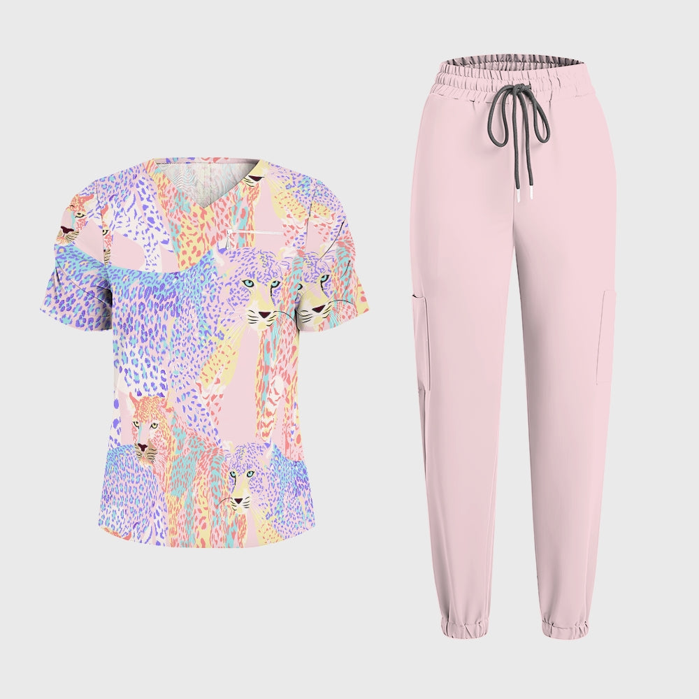 Women's Pastel Leopard Printed Scrub Set SL10