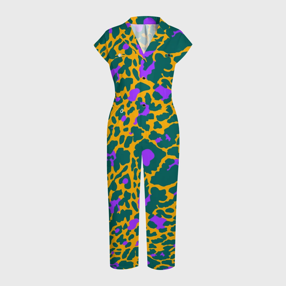 Women's African Purple Leopard Printed Scrub Jumpsuit JL03