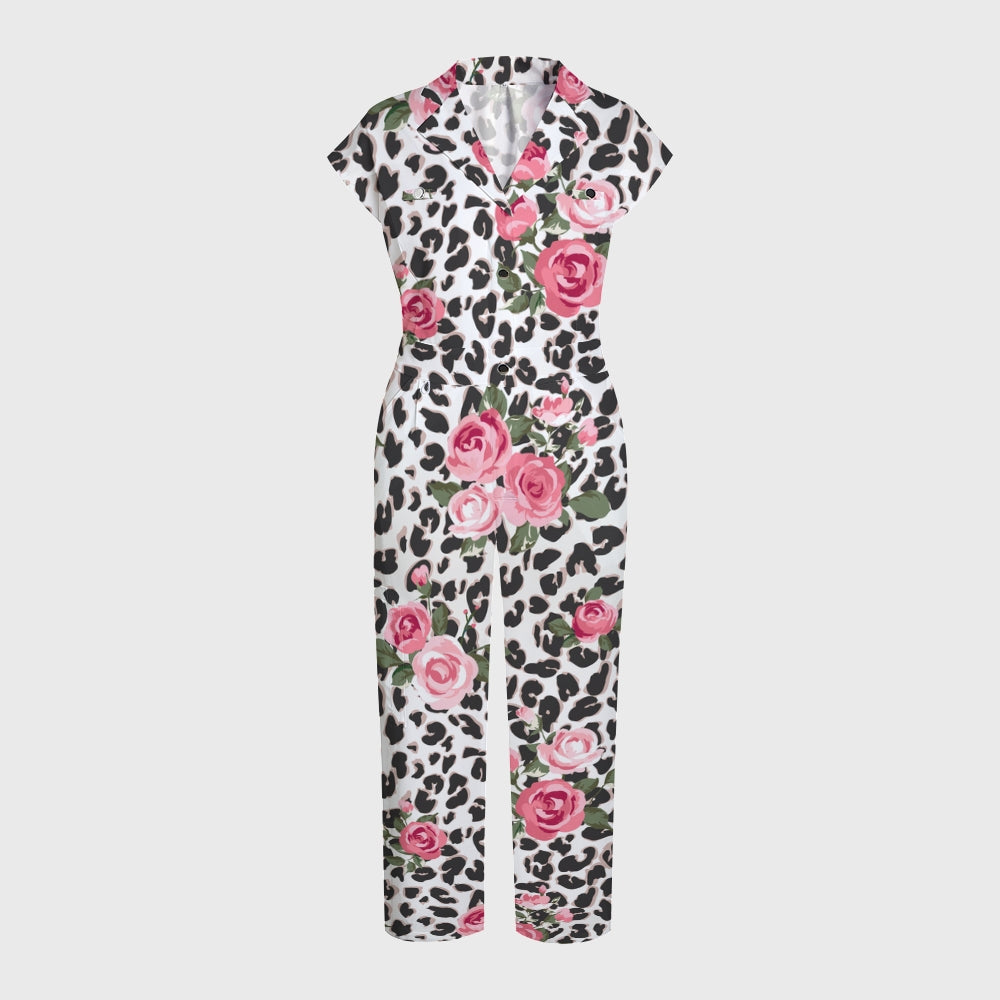Women's Pink Floral Leopard Printed Scrub Jumpsuit JL04