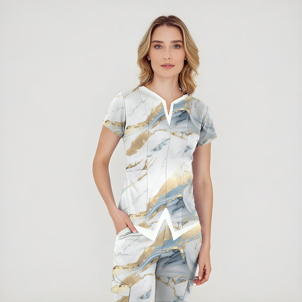 Women's Blue White Marble Printed Scrub Set SA09