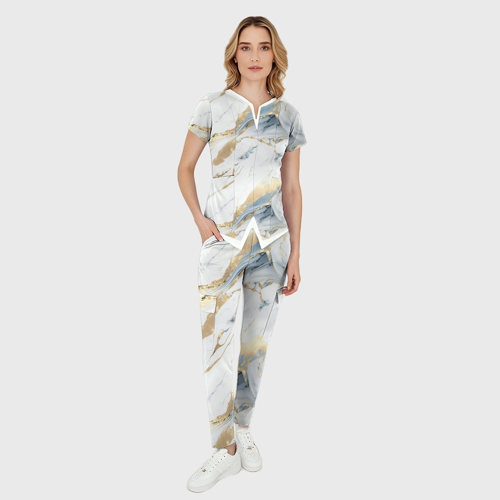 Women's Blue White Marble Printed Scrub Set SA09