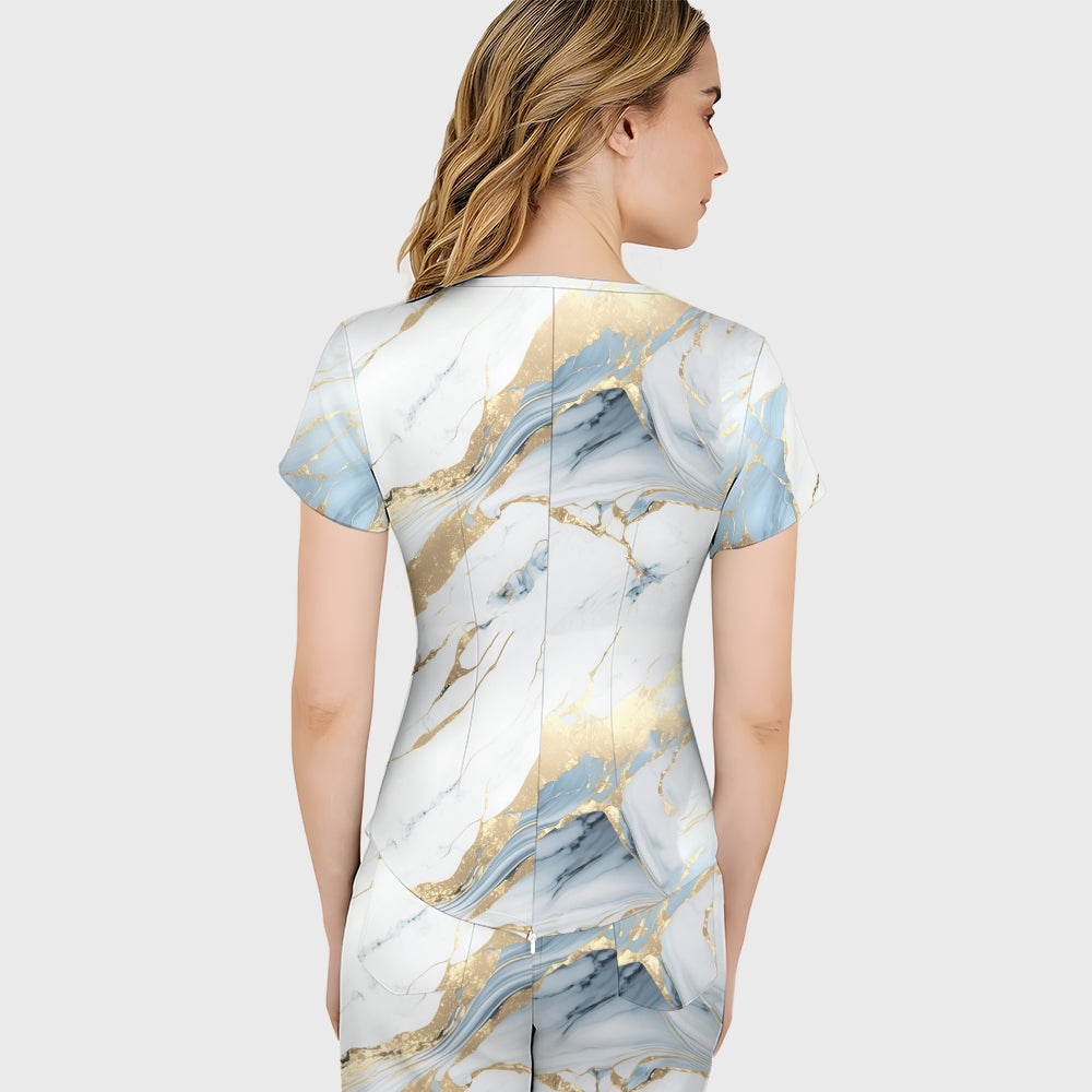 Women's Blue White Marble Printed Scrub Set SA09