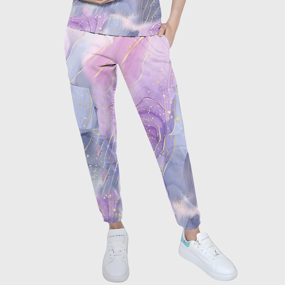 Women's Gold Purple Marble Printed Scrub Set SG18