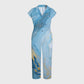 Women's Lapel Wide Leg Blue Marble Print Scrub Jumpsuit JA02