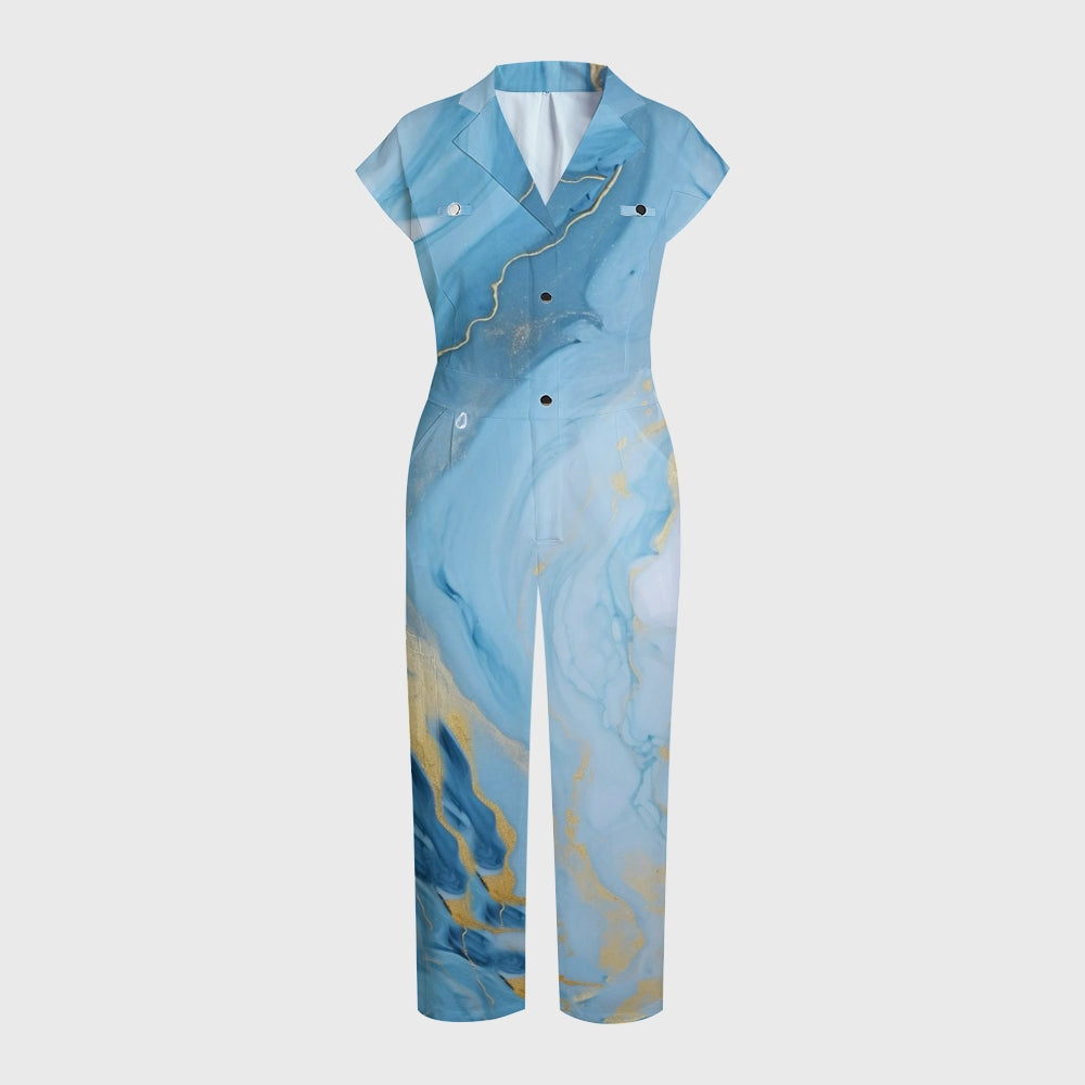 Women's Lapel Wide Leg Blue Marble Print Scrub Jumpsuit JA02