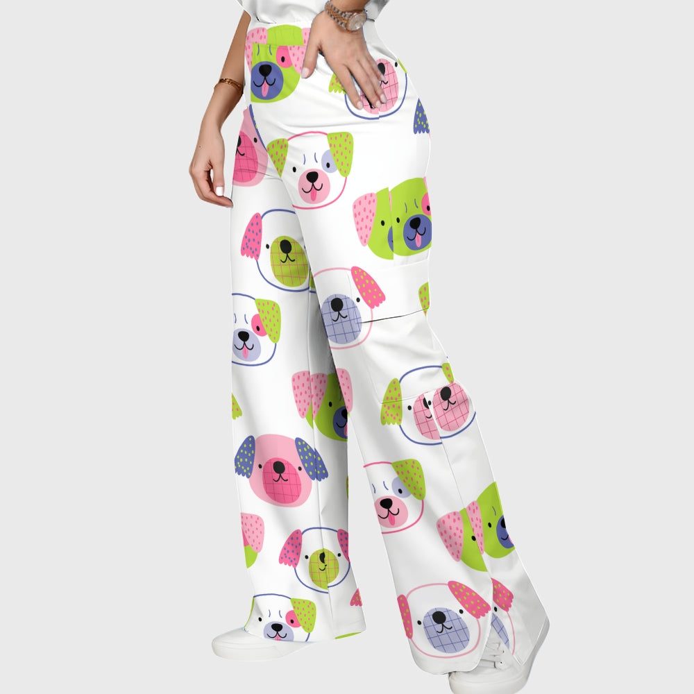 Women's Childish Dog Faces Printed Scrub Set SN09
