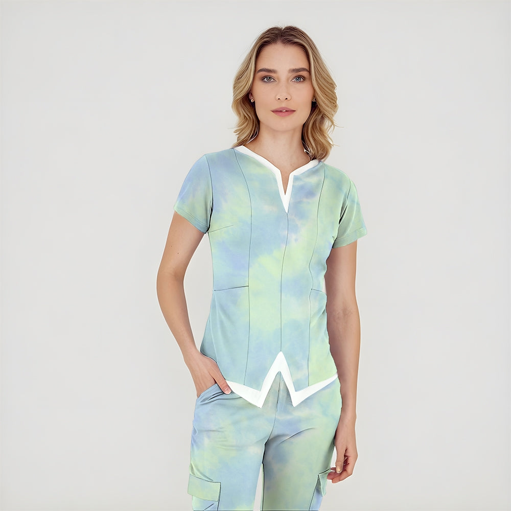 Women's Green Blue Tie-Dye Printed Scrub Set SG13