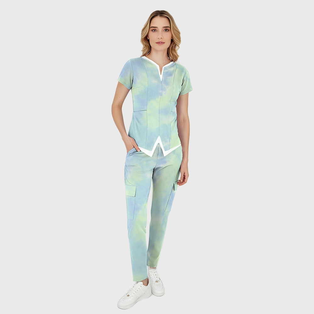 Women's Green Blue Tie-Dye Printed Scrub Set SG13