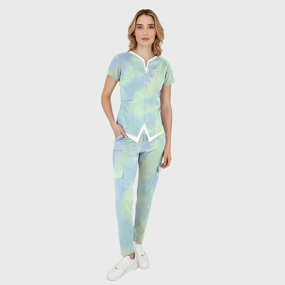 Women's Green Blue Tie-Dye Printed Scrub Set SG13