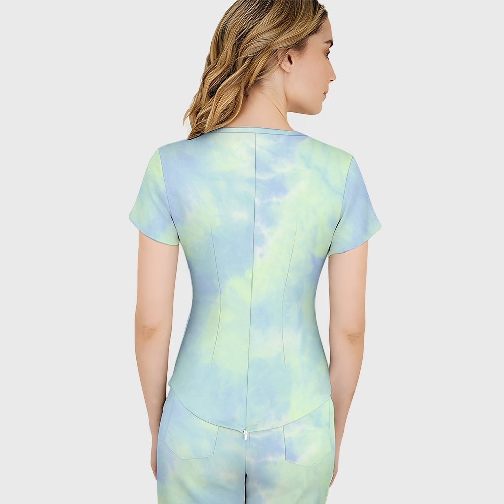 Women's Green Blue Tie-Dye Printed Scrub Set SG13