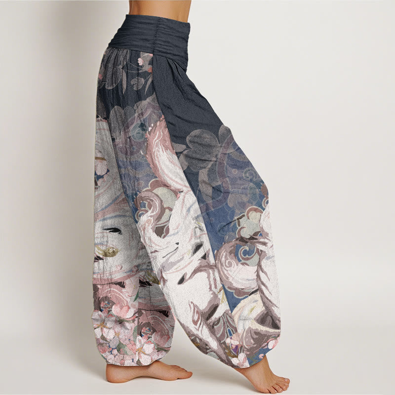 Pure Cotton Fox Cherry Blossoms Women's Elastic Waist Harem Pants