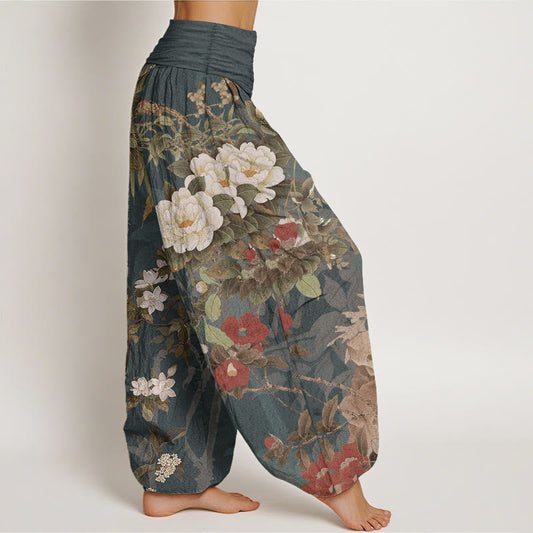 Pure Cotton Casual Peony Flowers Leaves Magpie Women's Elastic Waist Harem Pants