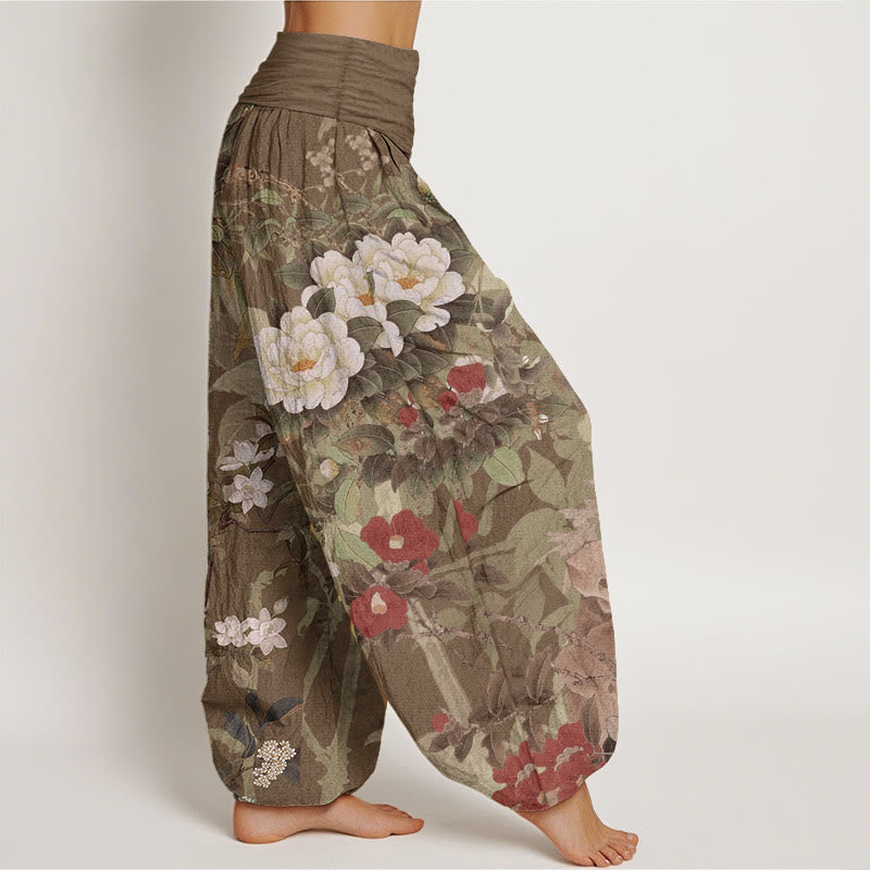 Pure Cotton Casual Peony Flowers Leaves Magpie Women's Elastic Waist Harem Pants
