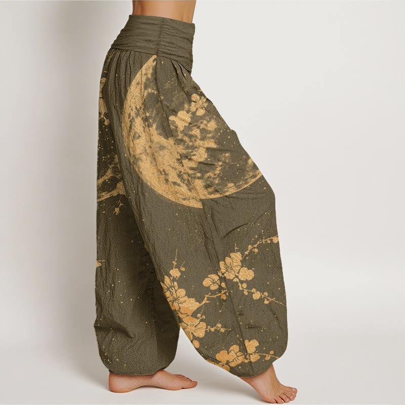 Pure Cotton Golden Plum Blossom Full Moon Pattern Women's Elastic Waist Harem Pants