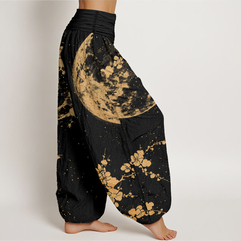 Pure Cotton Golden Plum Blossom Full Moon Pattern Women's Elastic Waist Harem Pants