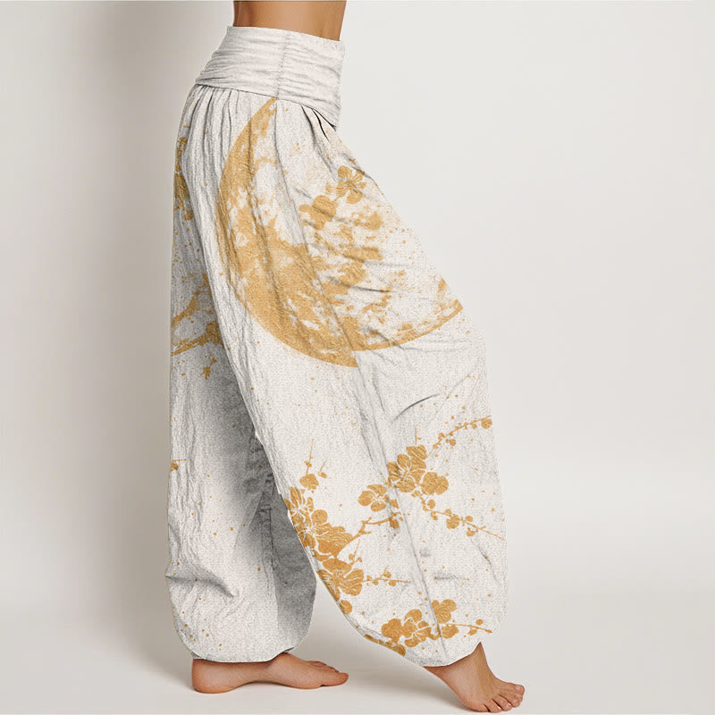 Pure Cotton Golden Plum Blossom Full Moon Pattern Women's Elastic Waist Harem Pants