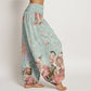 Pure Cotton Casual Bright Peony Flower Butterfly Women's Elastic Waist Harem Pants
