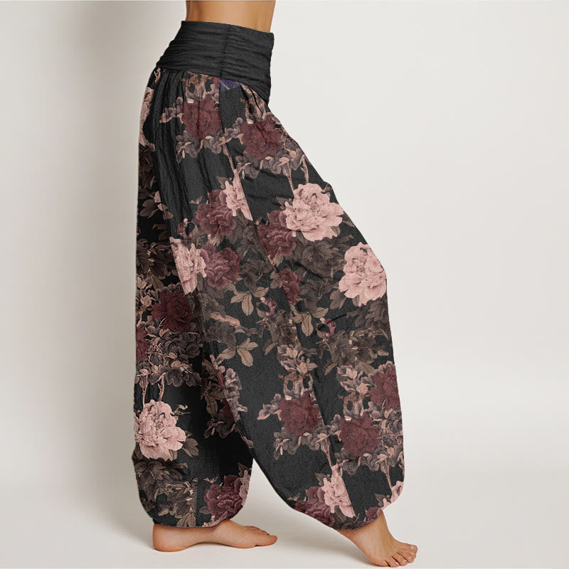 Pure Cotton Casual Lush Peony Flowers Leaf Pattern Women's Elastic Waist Harem Pants