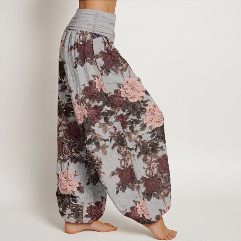 Pure Cotton Casual Lush Peony Flowers Leaf Pattern Women's Elastic Waist Harem Pants