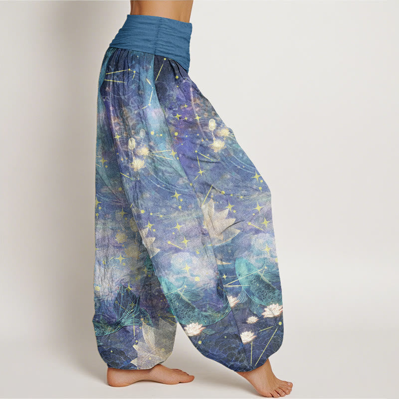 Pure Cotton Koi Fish Lotus Moon Stars Pattern Women's Elastic Waist Harem Pants