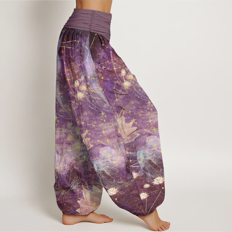 Pure Cotton Koi Fish Lotus Moon Stars Pattern Women's Elastic Waist Harem Pants
