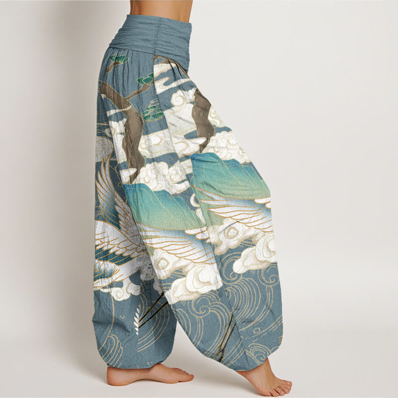 Pure Cotton Flying Cranes Auspicious Clouds Tree women's Elastic Waist Harem Pants