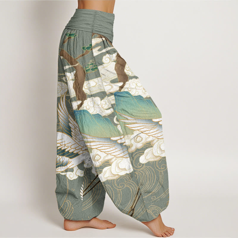 Pure Cotton Flying Cranes Auspicious Clouds Tree women's Elastic Waist Harem Pants