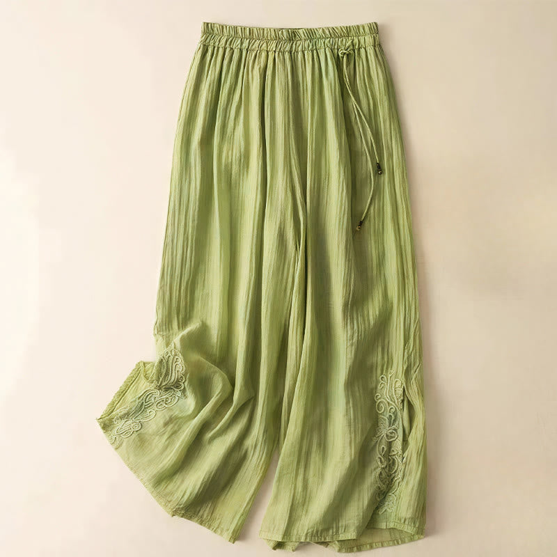 Retro Casual Embroidery Design Drawstring Cotton Linen Women's Wide Leg Pants With Pockets