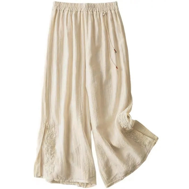 Retro Casual Embroidery Design Drawstring Cotton Linen Women's Wide Leg Pants With Pockets