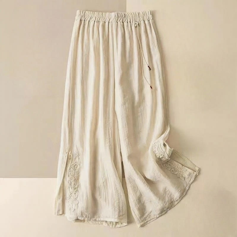 Retro Casual Embroidery Design Drawstring Cotton Linen Women's Wide Leg Pants With Pockets