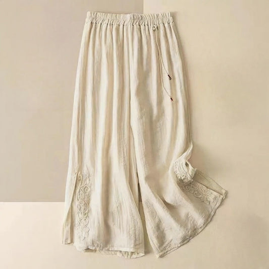 Retro Casual Embroidery Design Drawstring Cotton Linen Women's Wide Leg Pants With Pockets