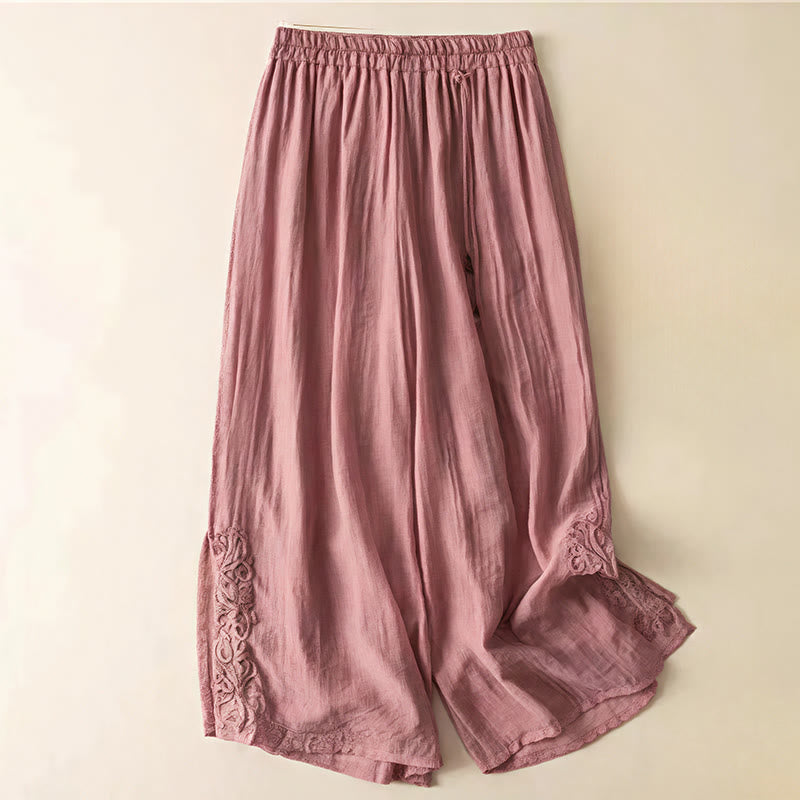 Retro Casual Embroidery Design Drawstring Cotton Linen Women's Wide Leg Pants With Pockets