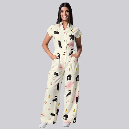 Women's Wide Leg Black Cats Print Scrub Jumpsuit