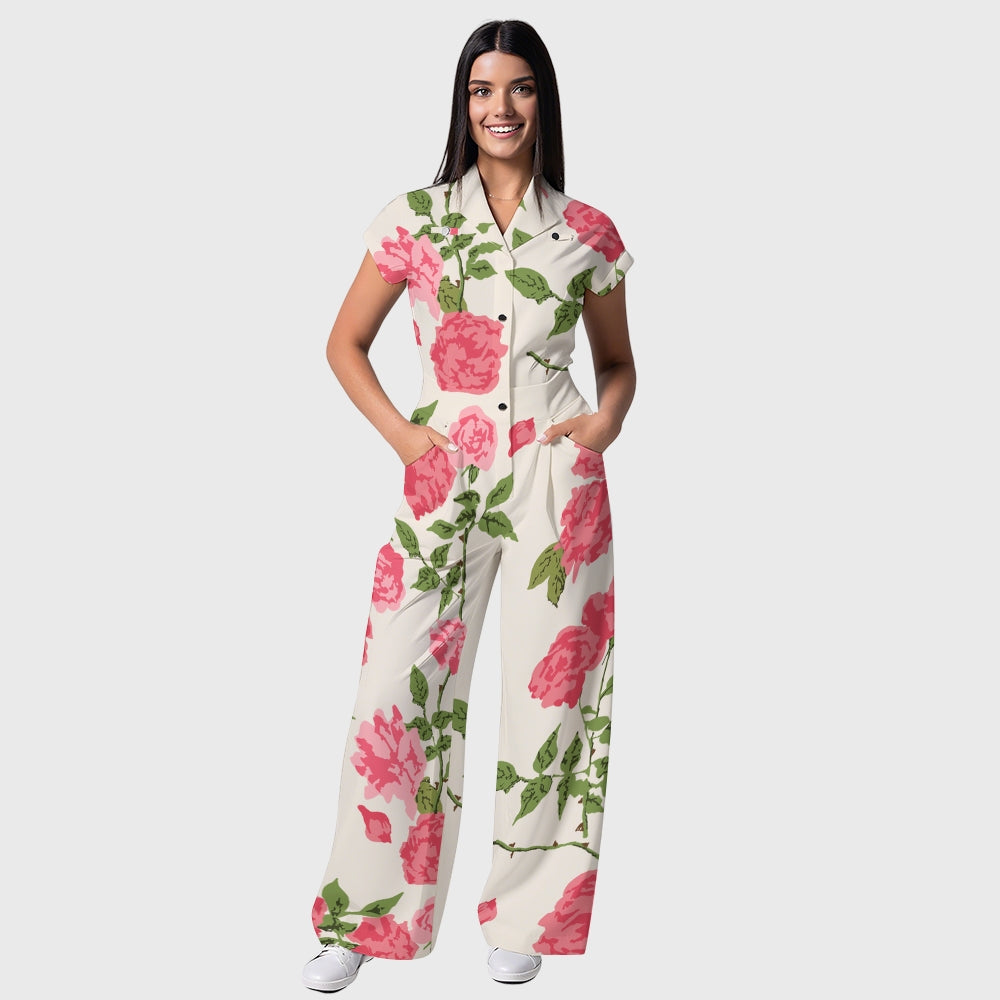 Women's Lapel Collar Wide Leg Rose Printed Scrub Jumpsuit