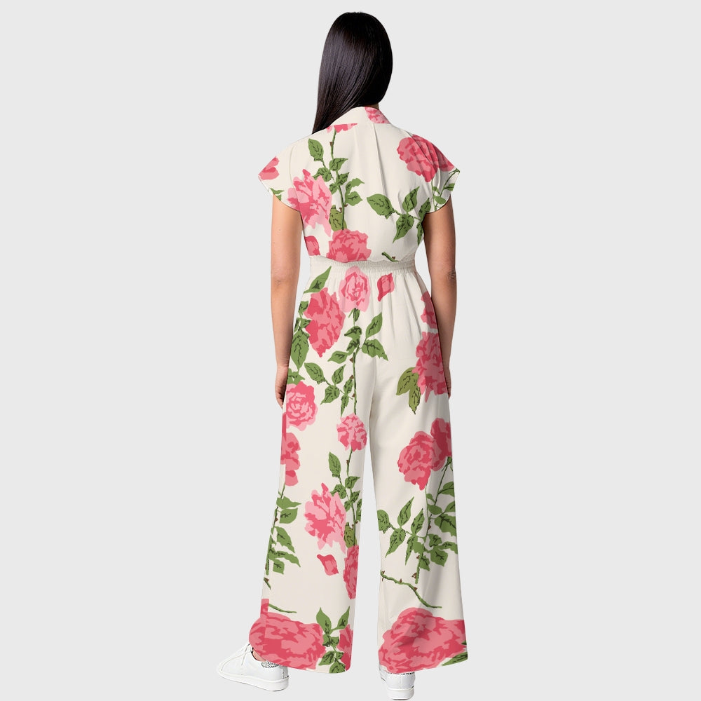 Women's Lapel Collar Wide Leg Rose Printed Scrub Jumpsuit