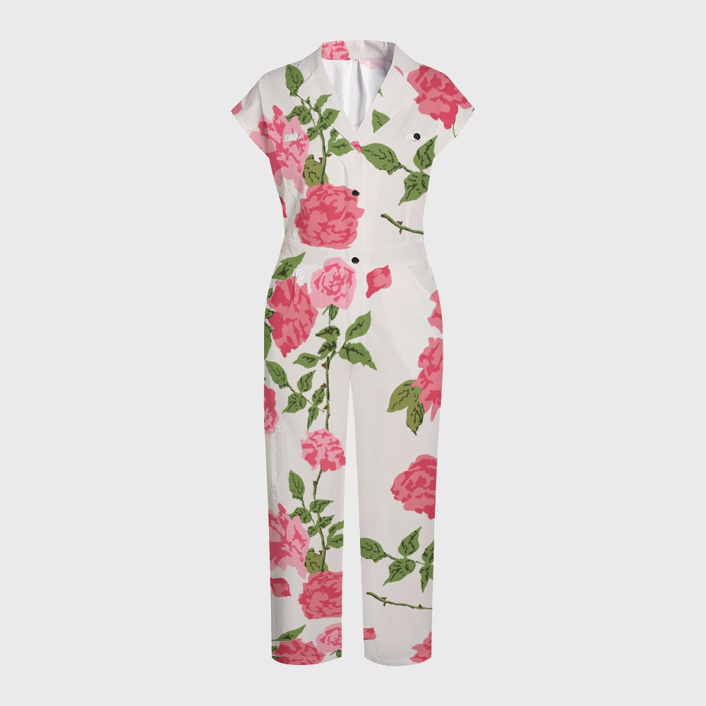 Women's Lapel Collar Wide Leg Rose Printed Scrub Jumpsuit