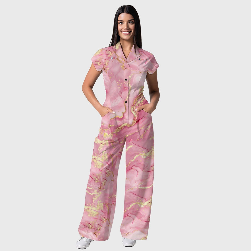 Women's Wide-Leg Pink Marble Printed Scrub Jumpsuit